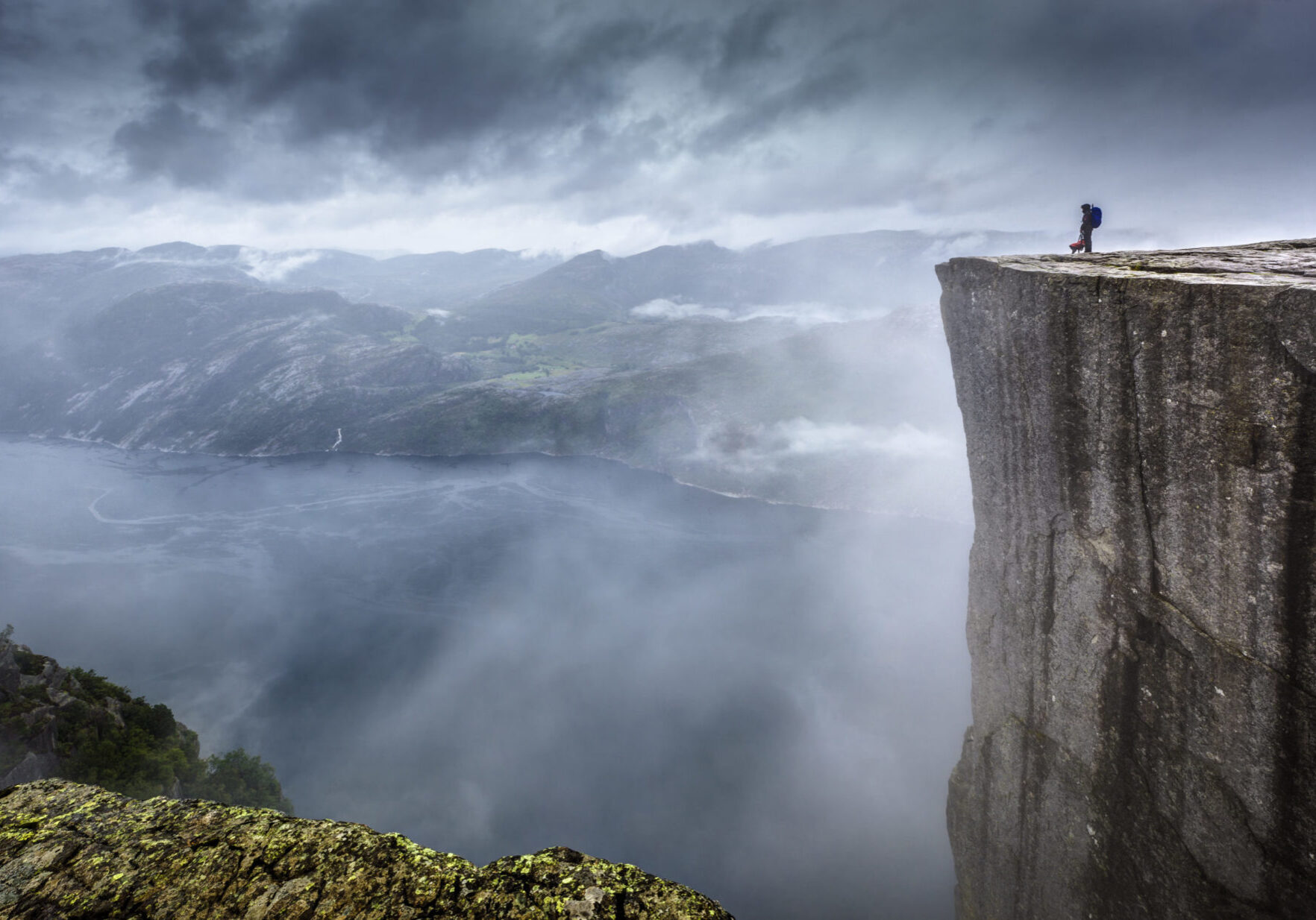 View point Prekestolen in Norway during a storm